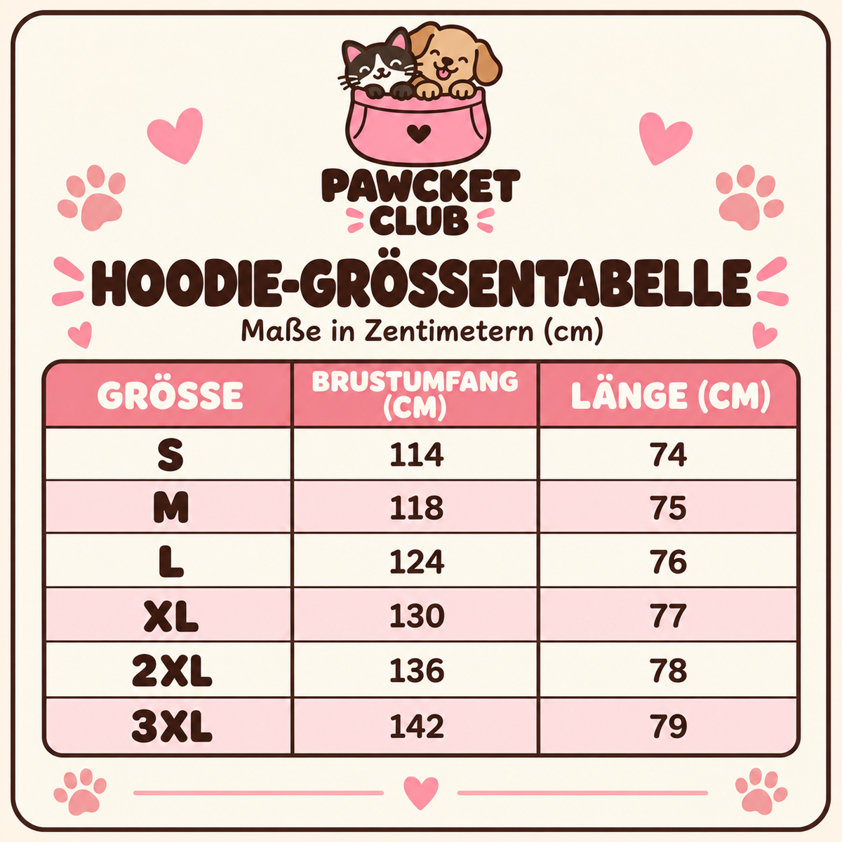 Pawcket Club Hoodie-Größentabelle mit Brustumfang und Länge in Zentimetern