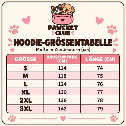 Pawcket Club Hoodie-Größentabelle mit Brustumfang und Länge in Zentimetern